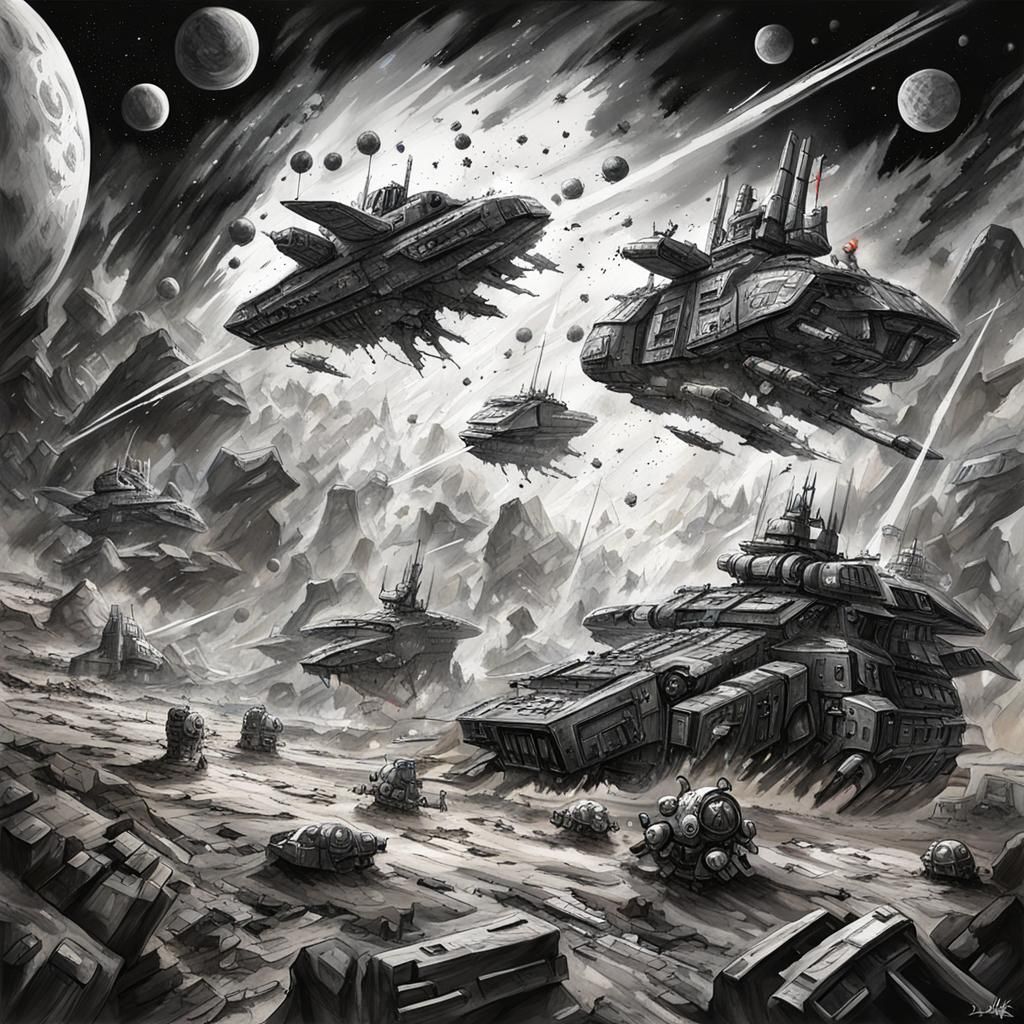 Monochrome Ink Wash Painting of a Space Battle