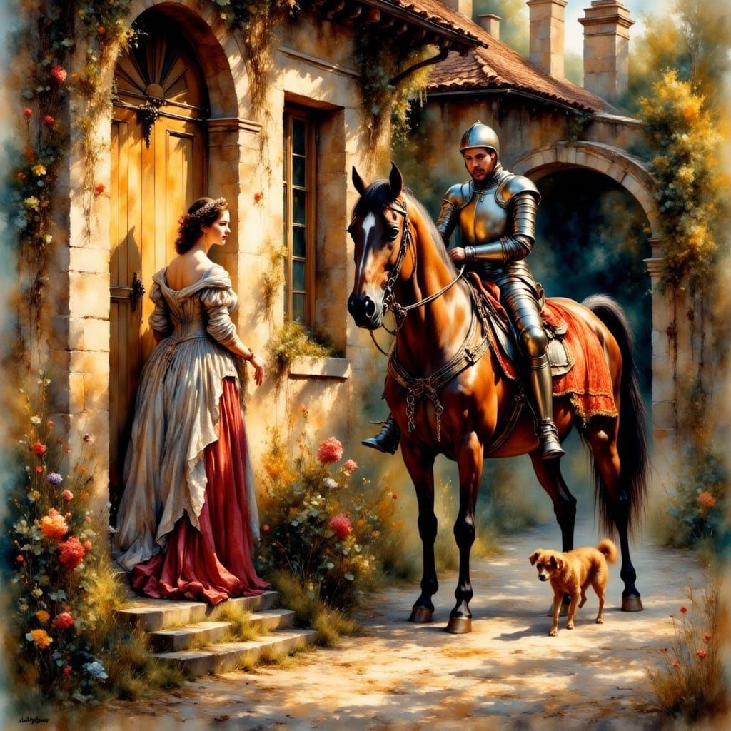 Woman on Balcony with Knight, Hyperrealistic Illustration