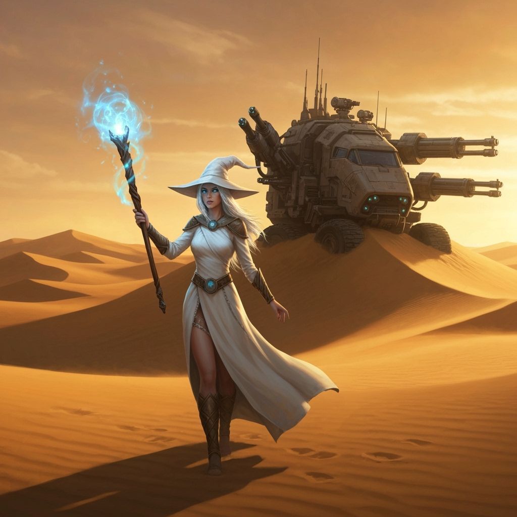 Elven Witch with Sci-Fi Vehicle in Desert Sunset
