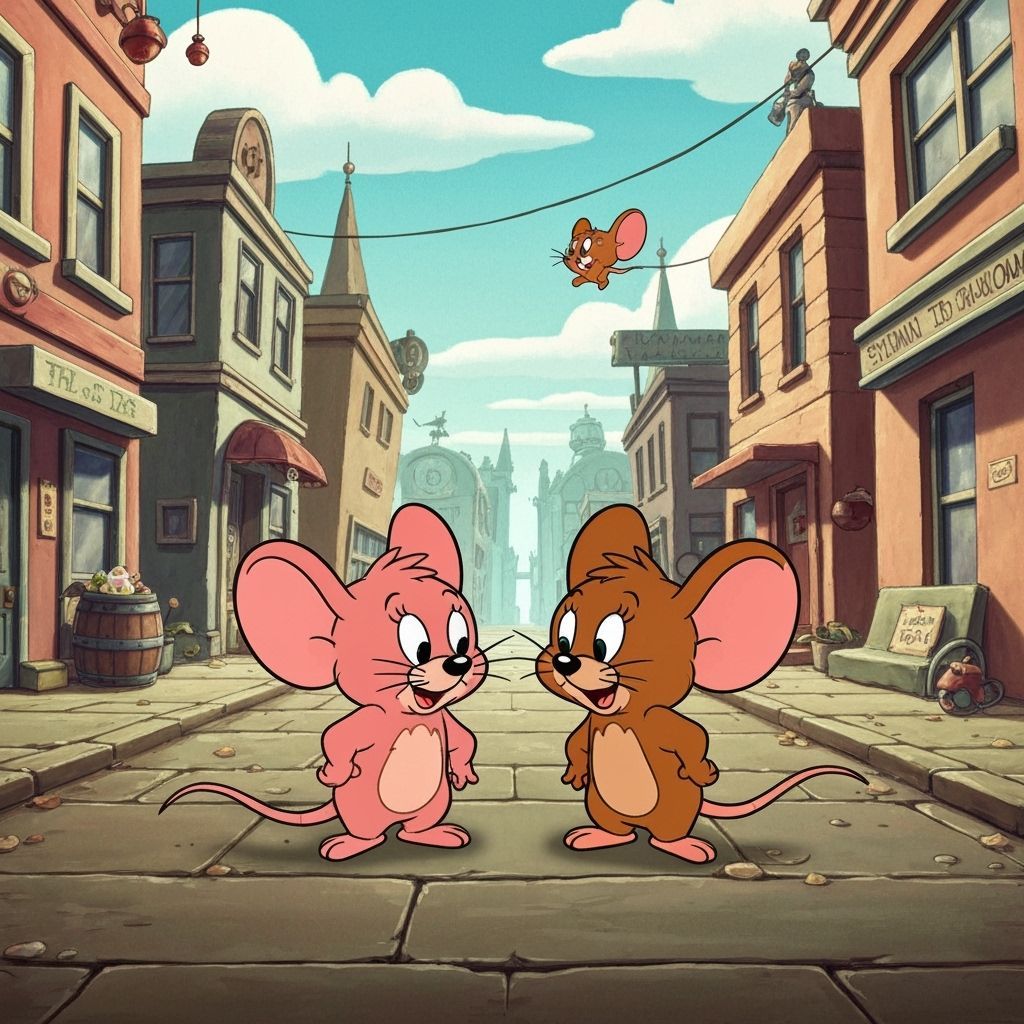 Pinky and Jerry in Nostalgic Cartoon Cityscape