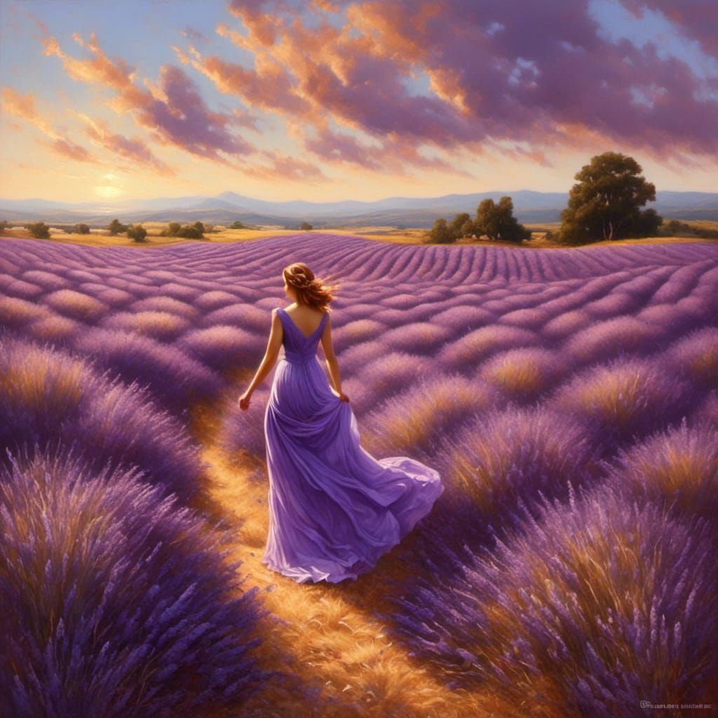 Art Deco Woman in Lavender Field Oil Painting