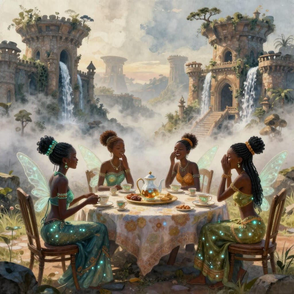 Bioluminescent Fairies Gossiping in Afrofantasy Castles