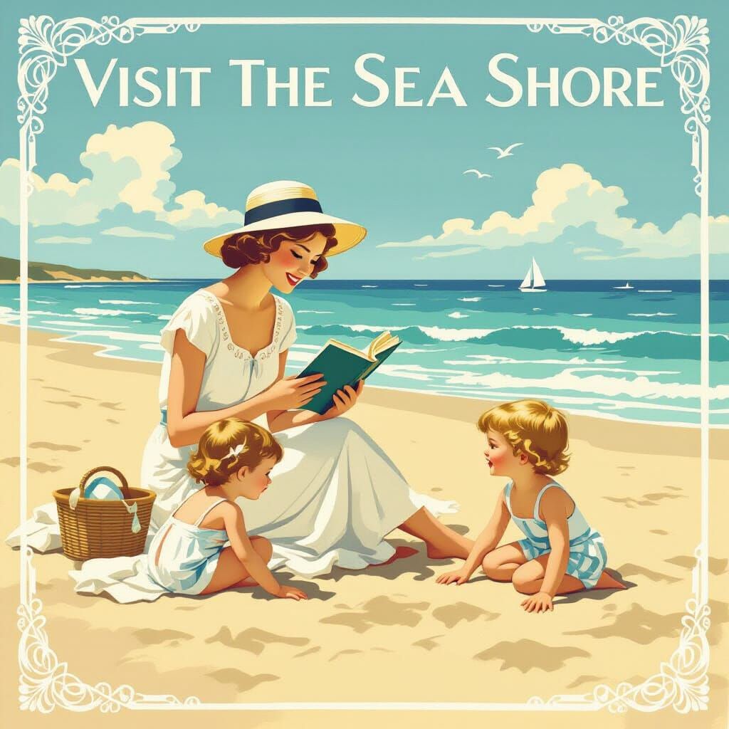 1920s Seaside Resort Ad: Mother Reading, Children Playing on...