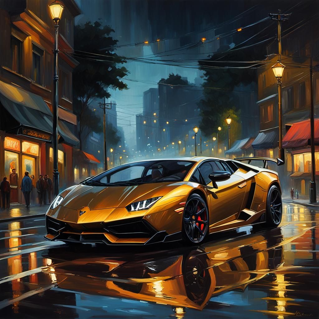 Lamborghini on a Night Road as Oil Painting