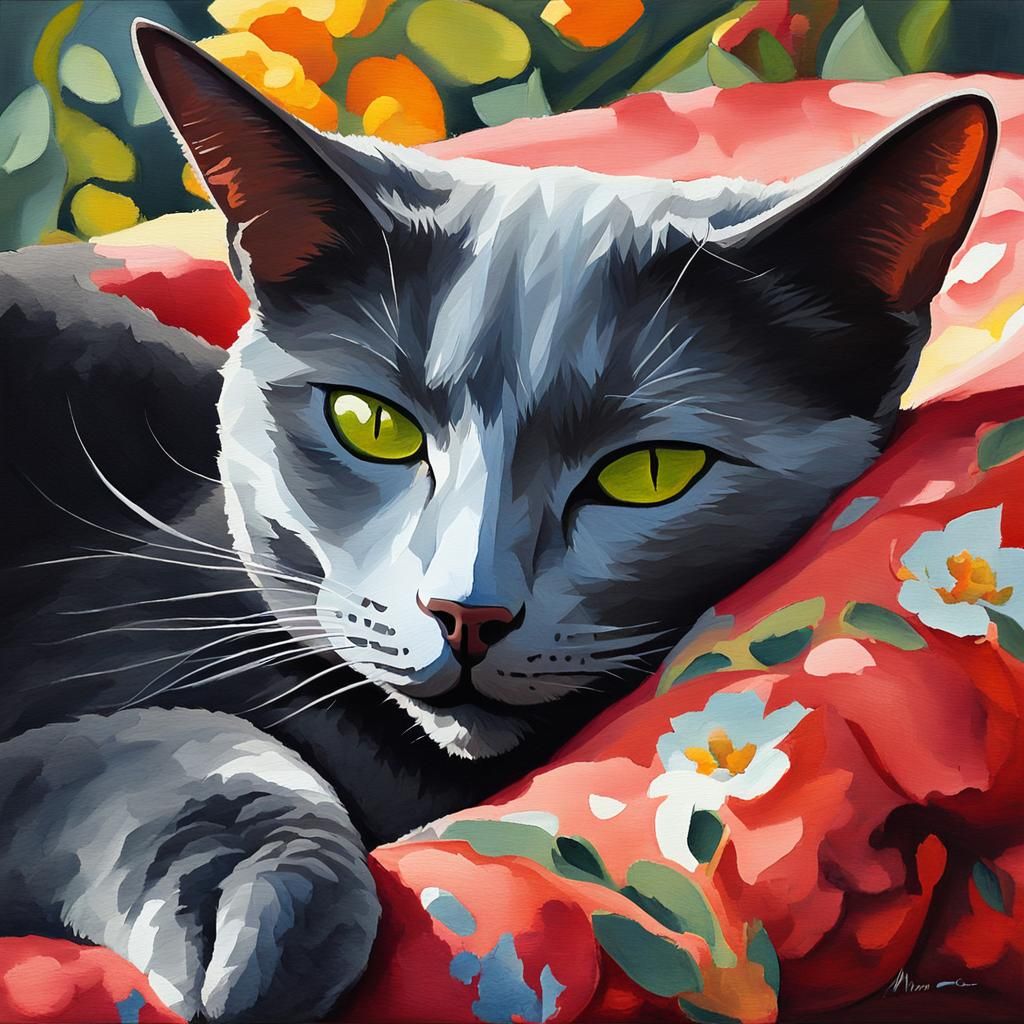 Resting Korat Cat in Gouache Impressionist Style
