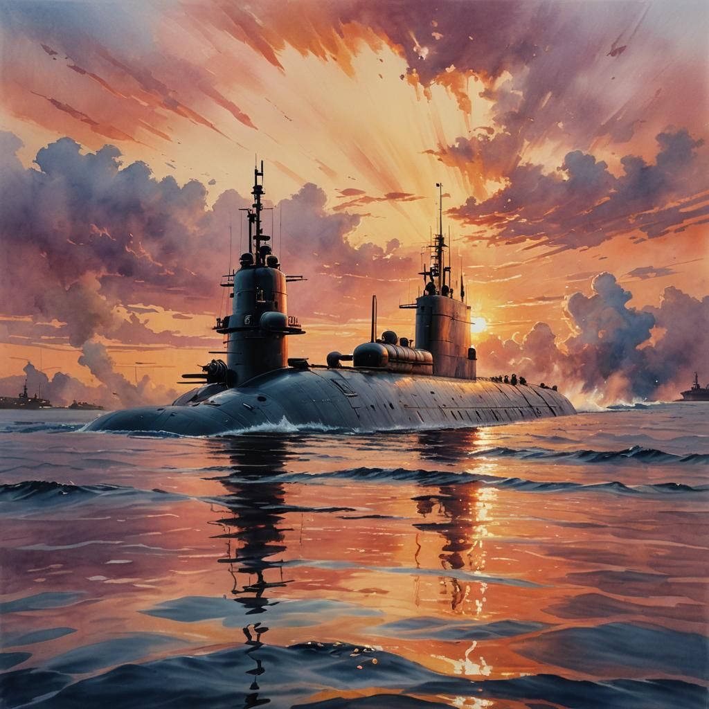 Submarine Rams Warship at Sunset: Watercolor Oil Painting