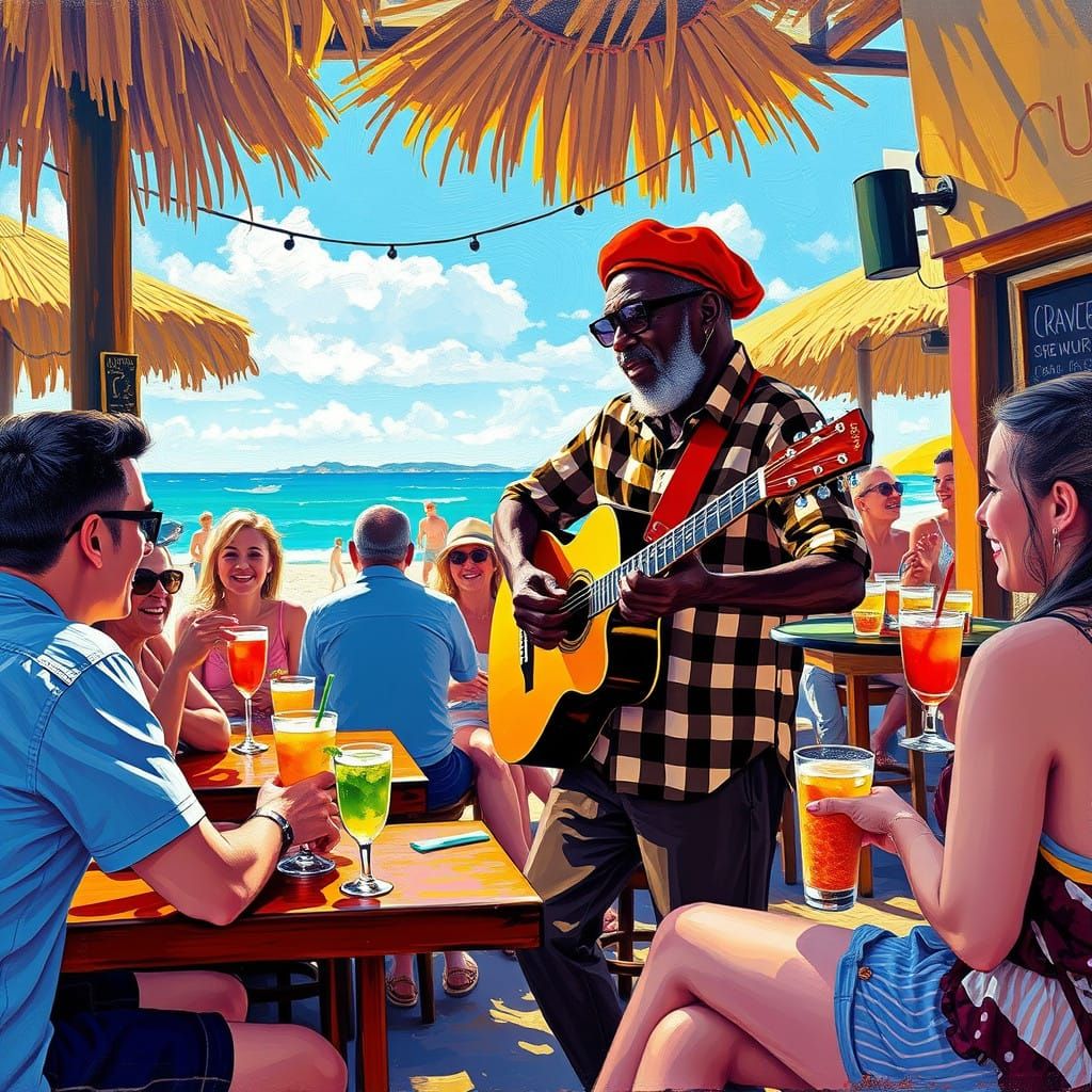 Energetic Beachside Bar Scene in Neo-Impressionist Style