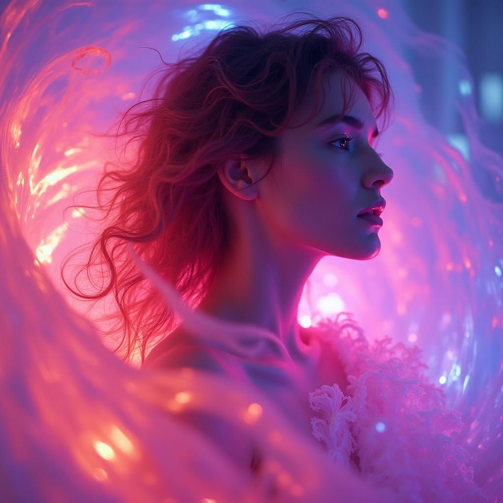 Radiant Woman in Ultraviolet Light, Neon Dreams Aesthetic