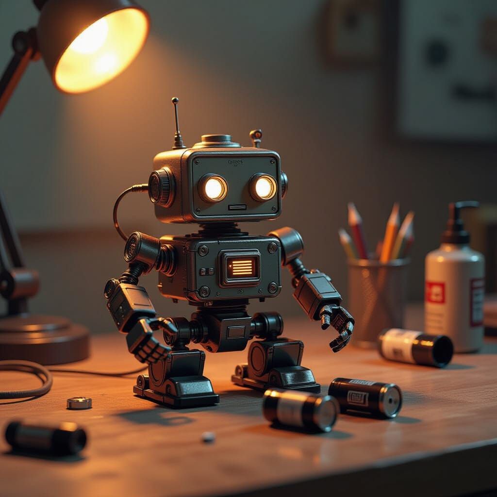 Retro Robot Replaces AAA Batteries on Workbench