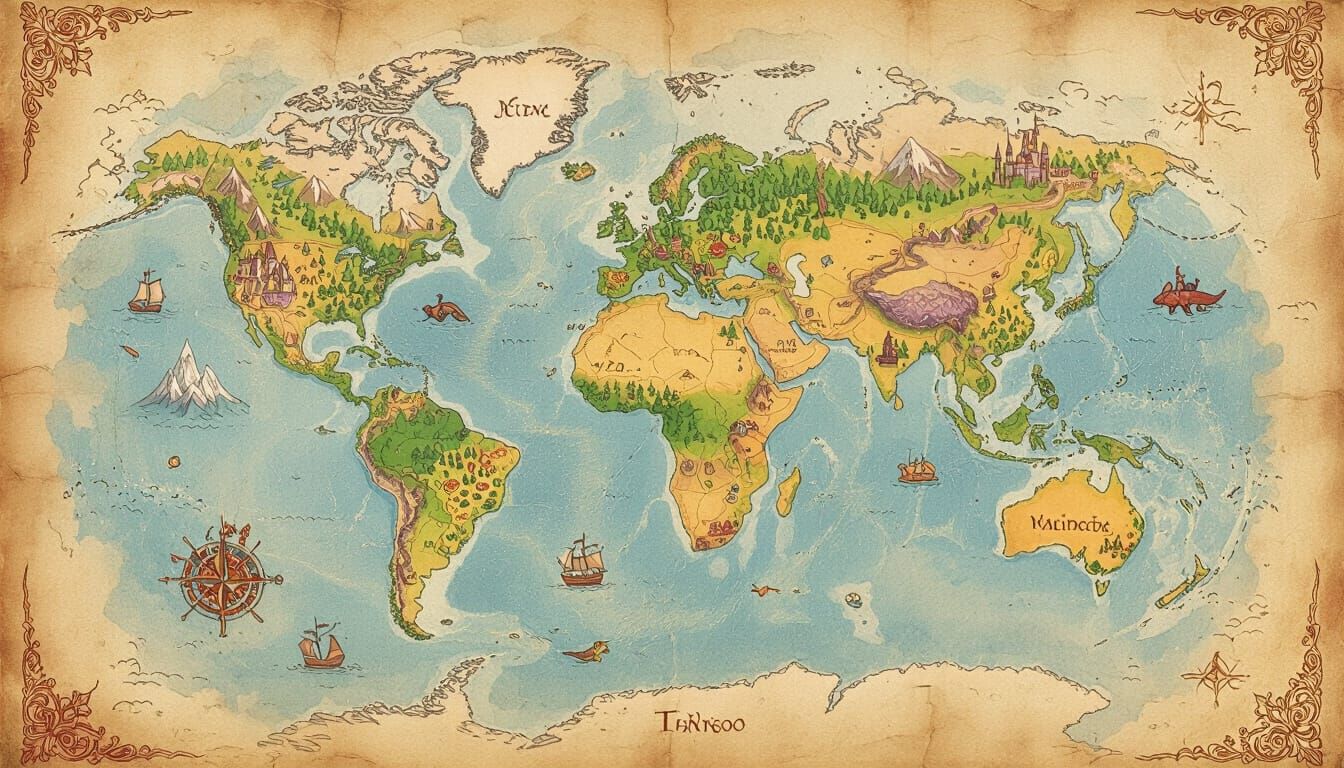 Fantasy World Map on Parchment in Ethereal Style