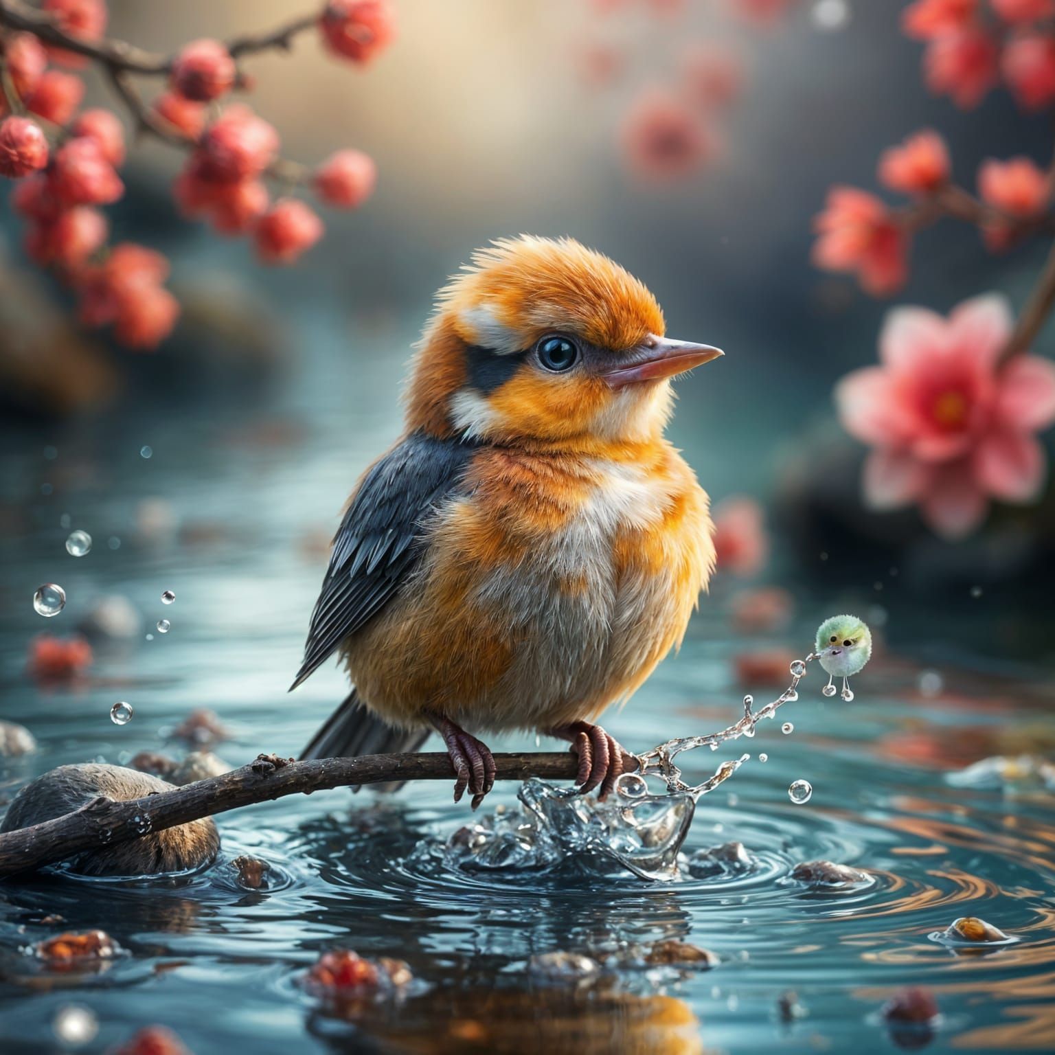 Cute Baby Bird in Vibrant Japanese Landscape