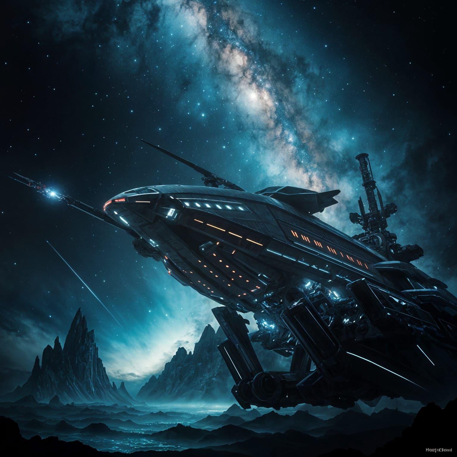 Gigantic Robotic Spaceship Navigates Nebula