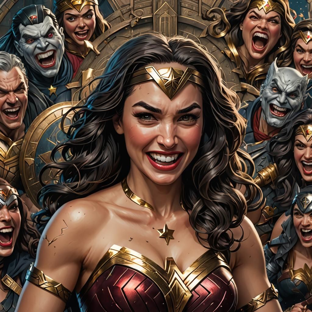 Wonder Woman Caricature Laughing in a Villainous Crowd