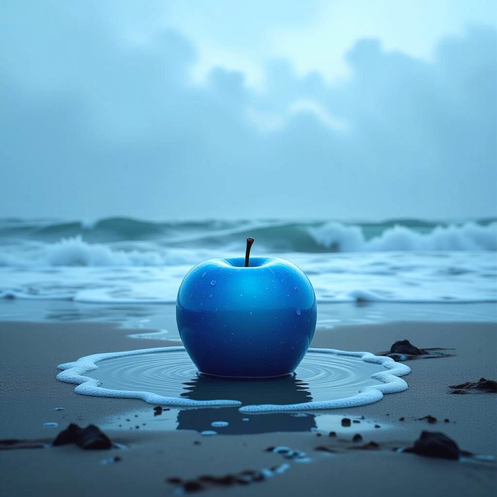 Blue Apple Made of Water in Barren Landscape