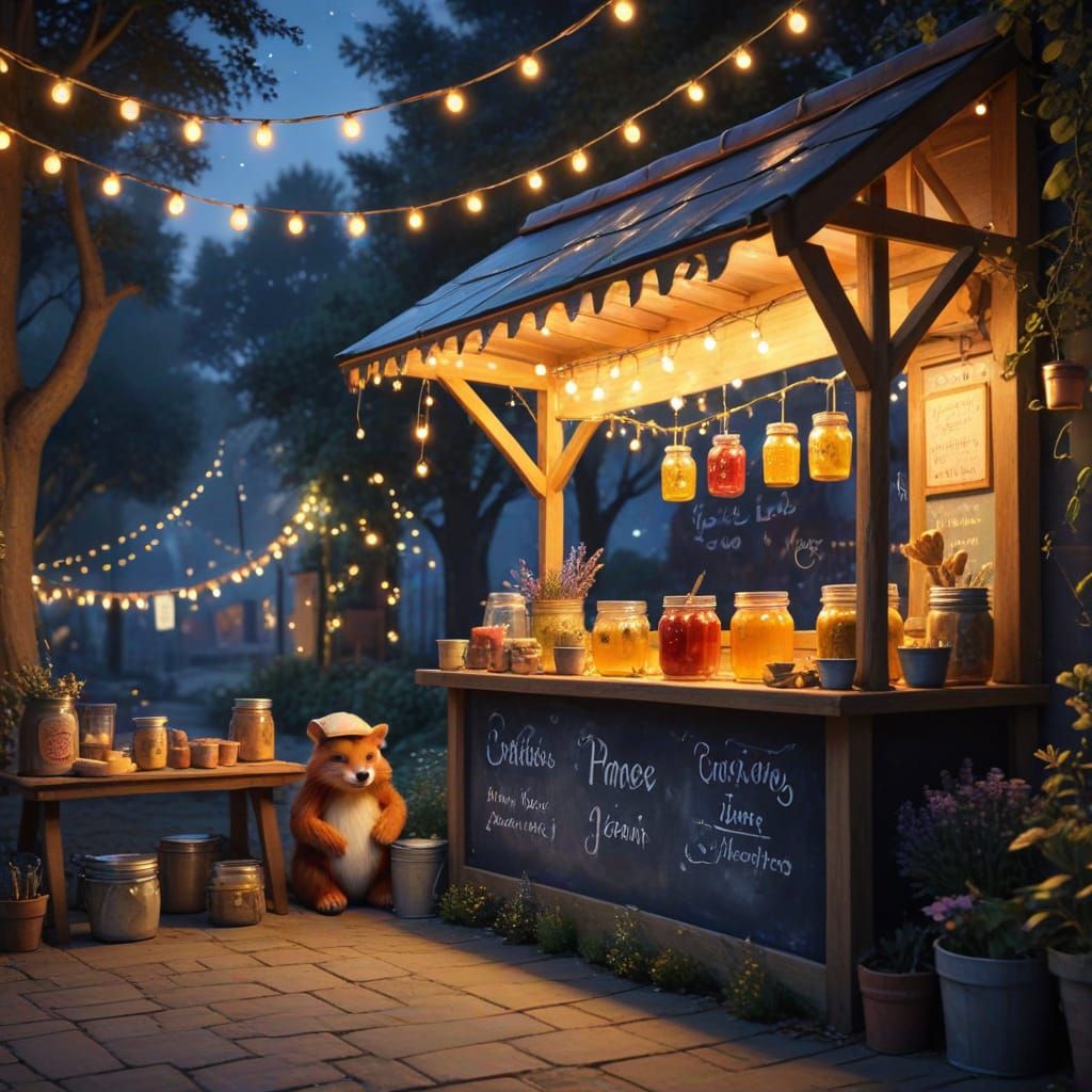 Charming Fantasy Stall at Dusk in Watercolor Style