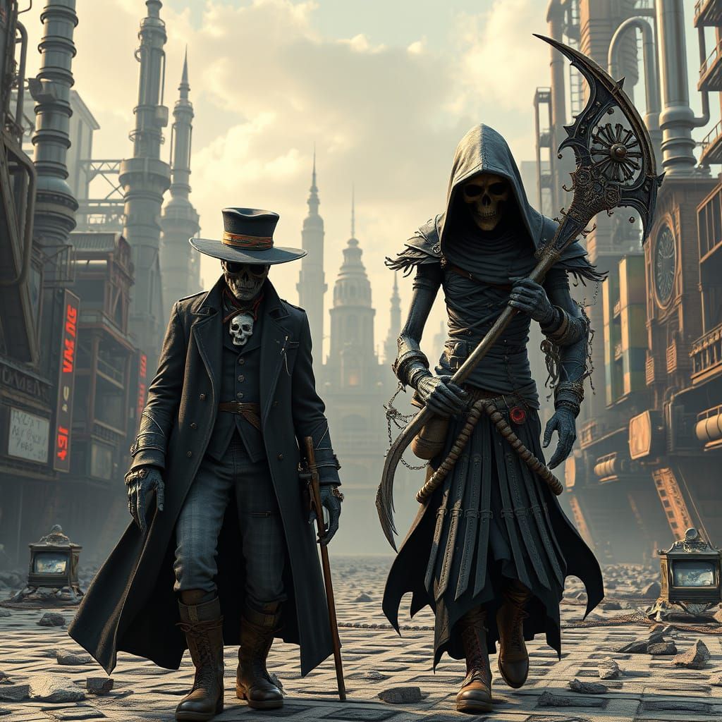 Steampunk Plague Doctor and Grim Reaper in Anime Style