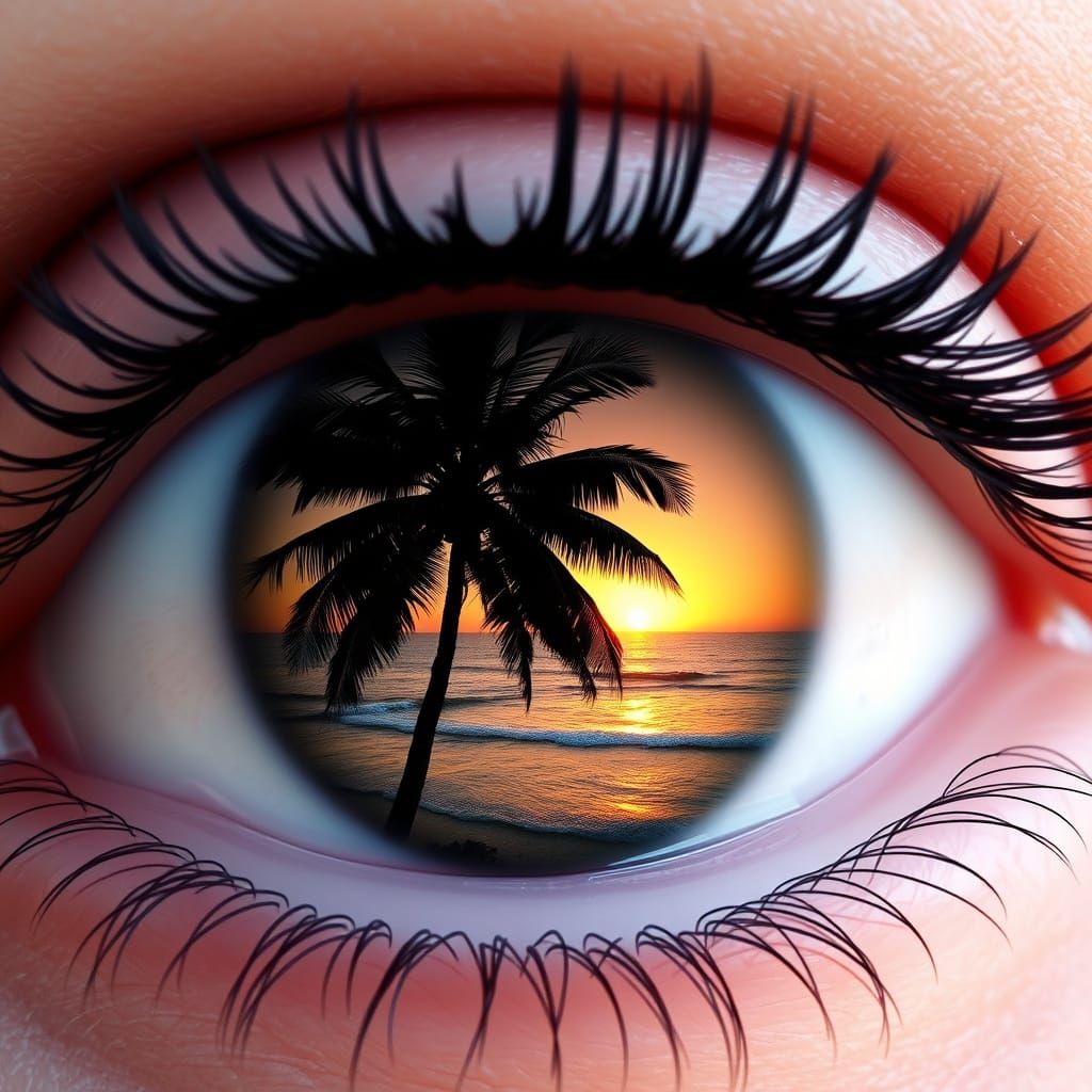Eye with Palm Tree and Sunset Seascape