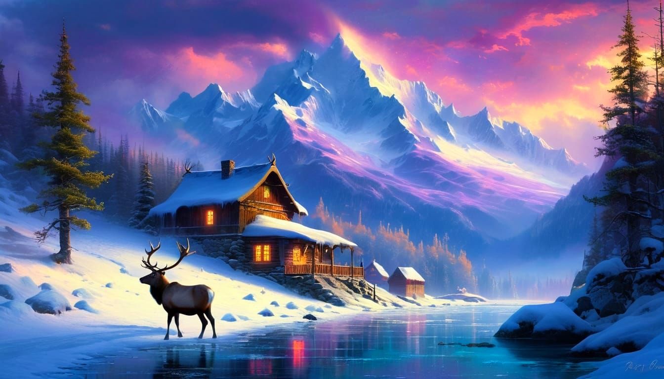 Majestic Winter Landscape with Aurora and Village