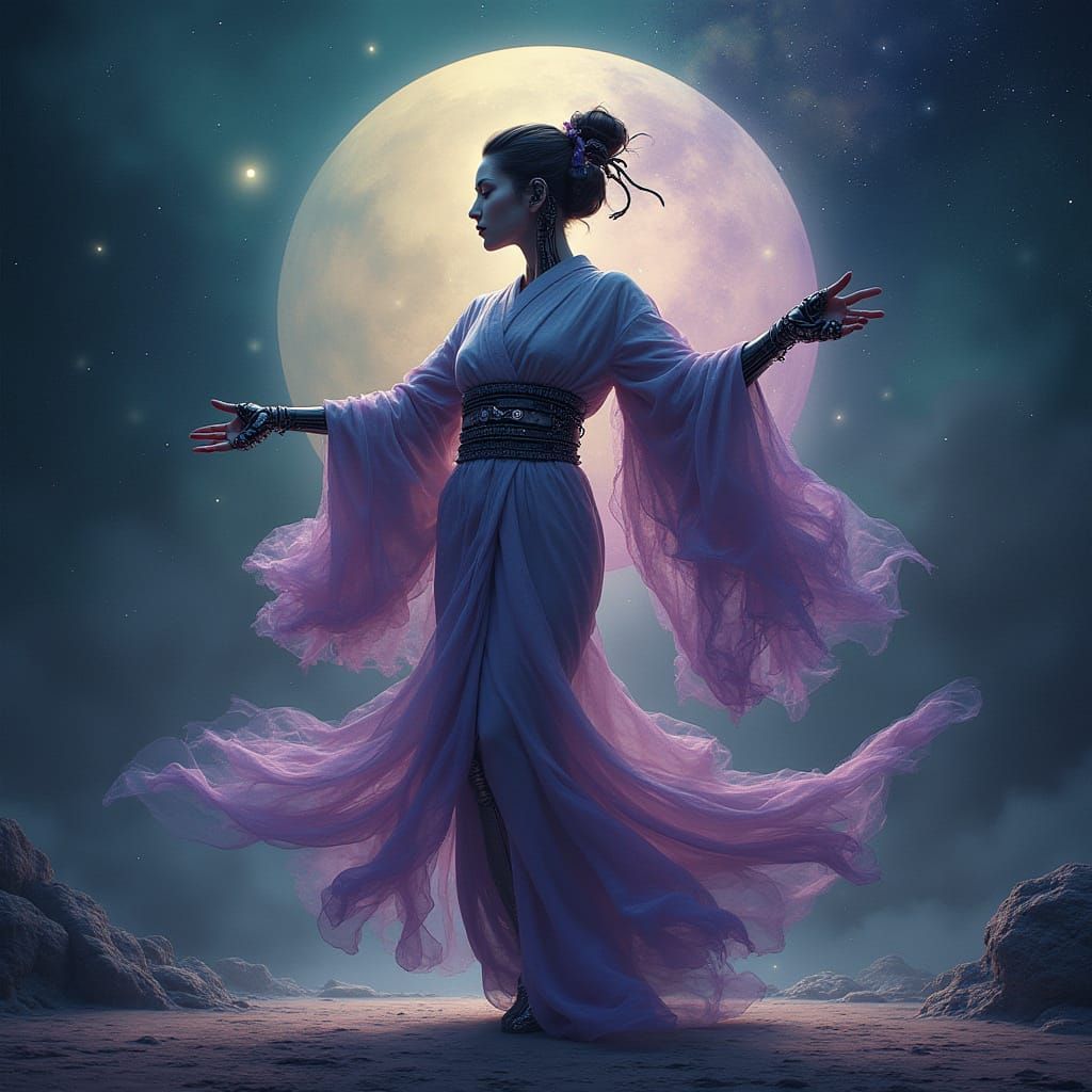 Biomechanical Geisha Dances Amidst Swirling Nebulae