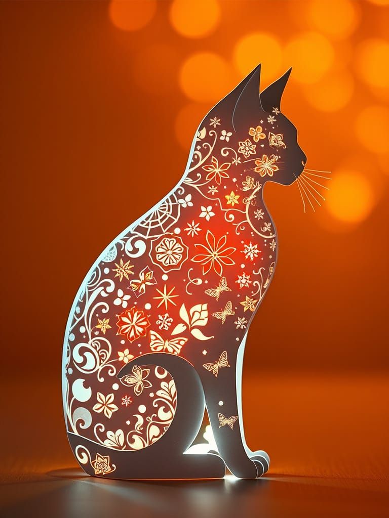 Whimsical Origami Cat Amidst Glowing Rainbow Threads