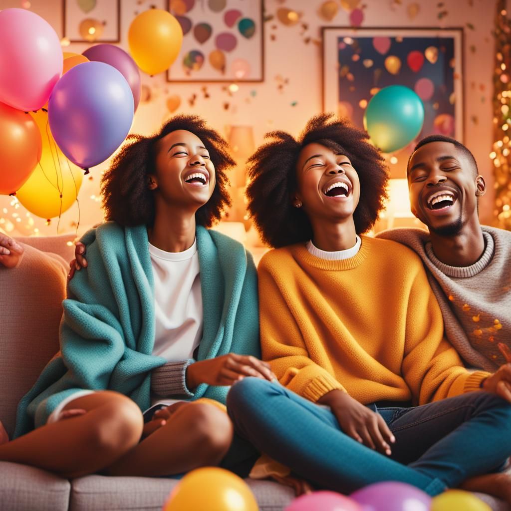 Three Friends Laughing in Cozy Living Room
