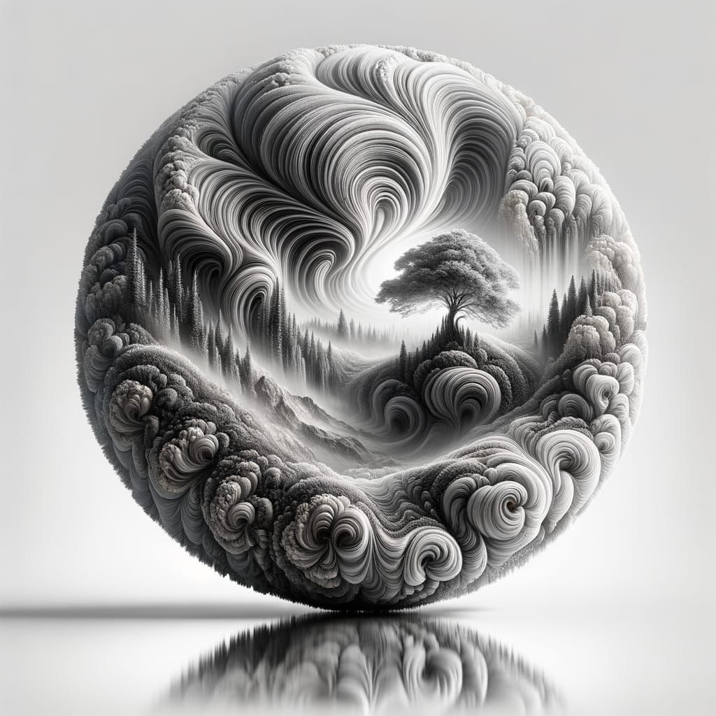 Ethereal Temari Silk Ball Sculpture Reflecting Misty Valley