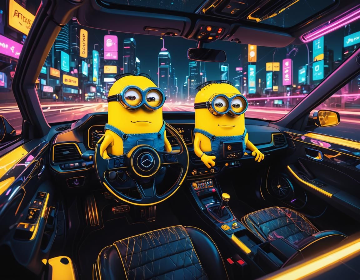 Minion Drives Synthwave Car in Neon Cityscape