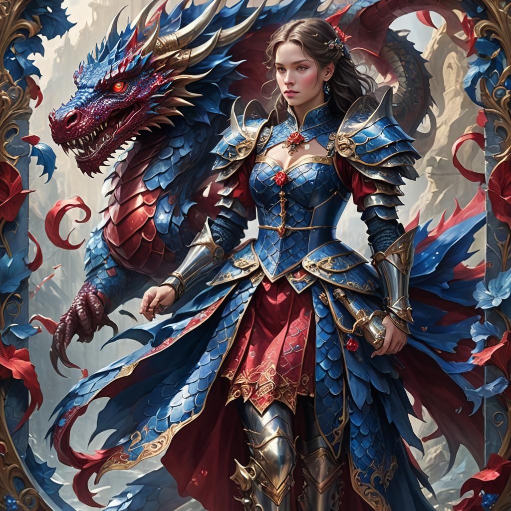 Knight in Ruby Armor Atop Sapphire Dragon