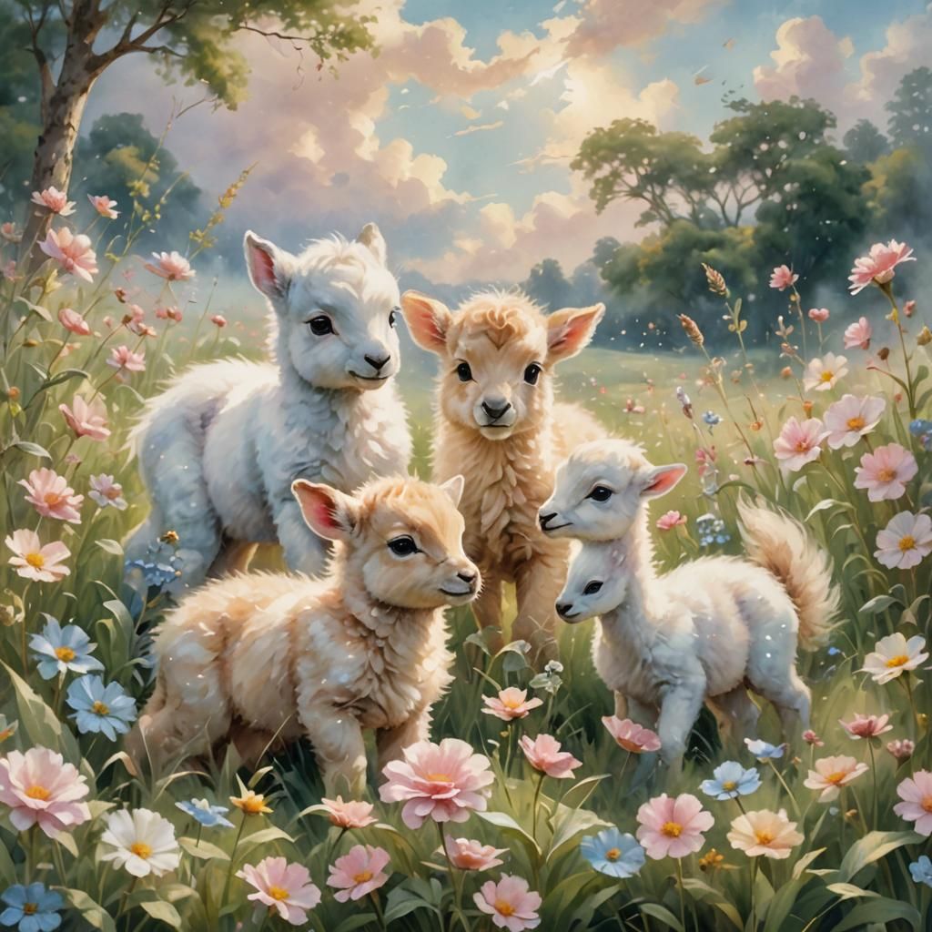 Idyllic Meadow Scene in Watercolor Style