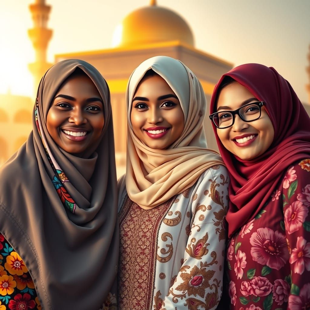 Smiling Women in Hijabs with Mecca Backdrop