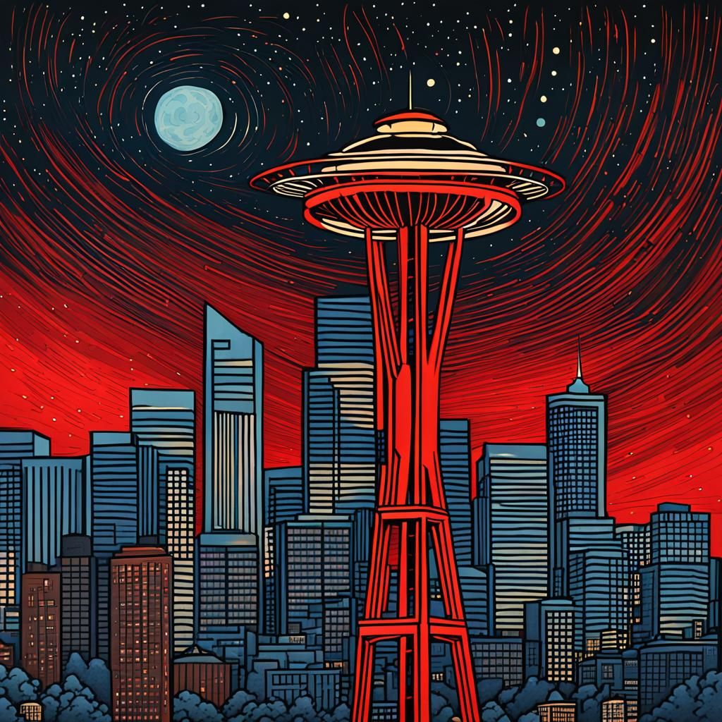 Red Comet Over Seattle at Night