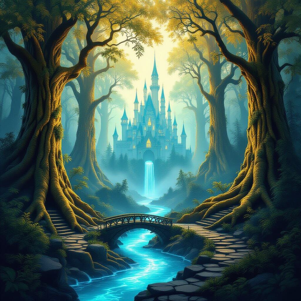 Enchanted Forest with Castle Silhouette