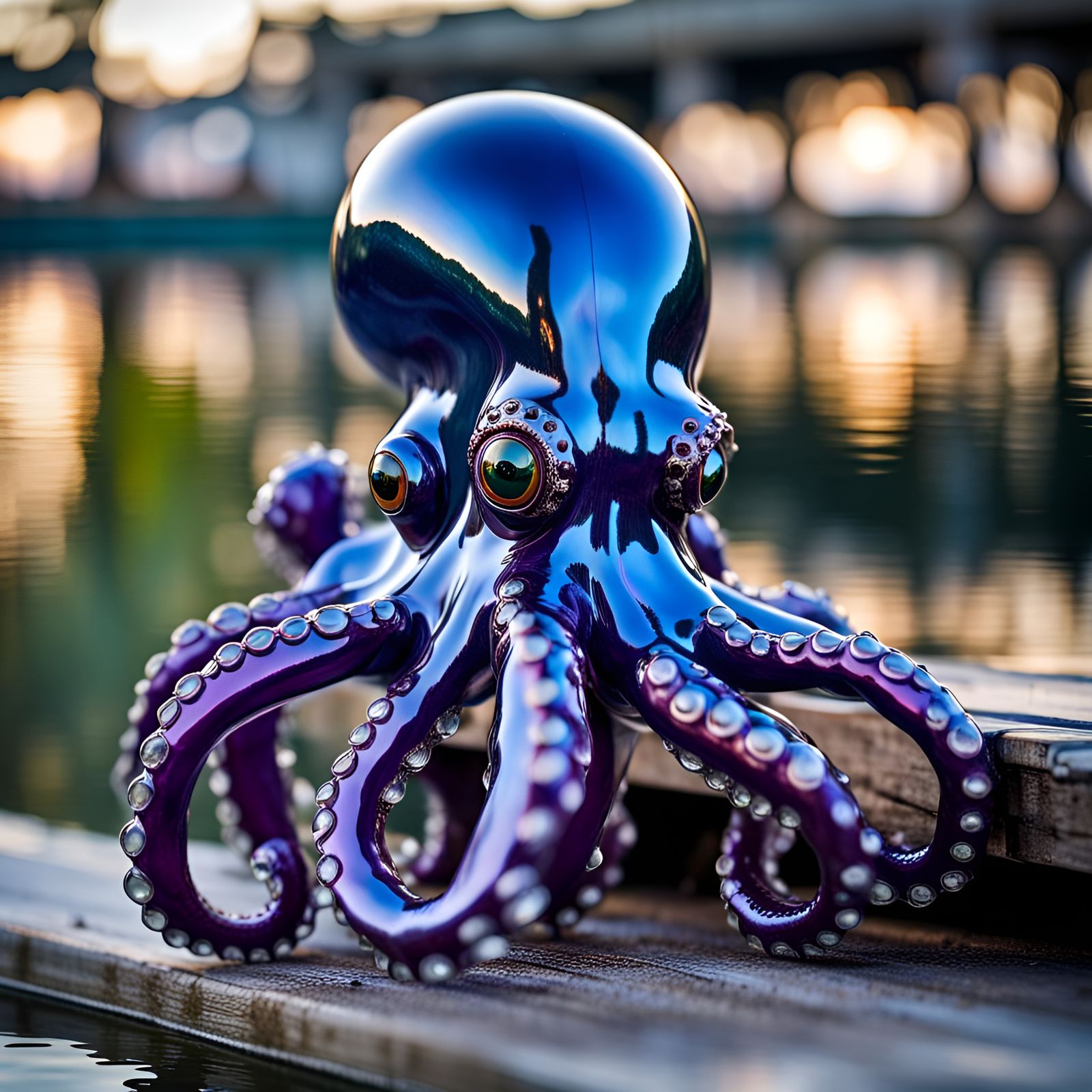 Giant Glass Octopus on Steampunk Dock