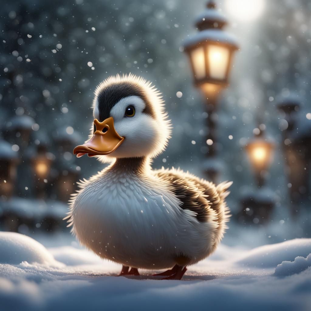Cute Duck in Falling Snow: Fantasy Concept Art