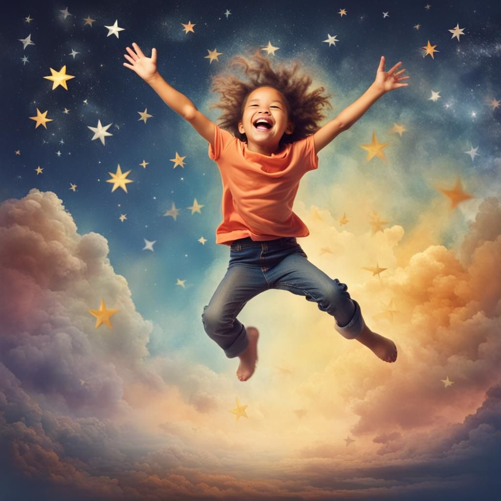 Child's Joyful Leap in a Peaceful Landscape