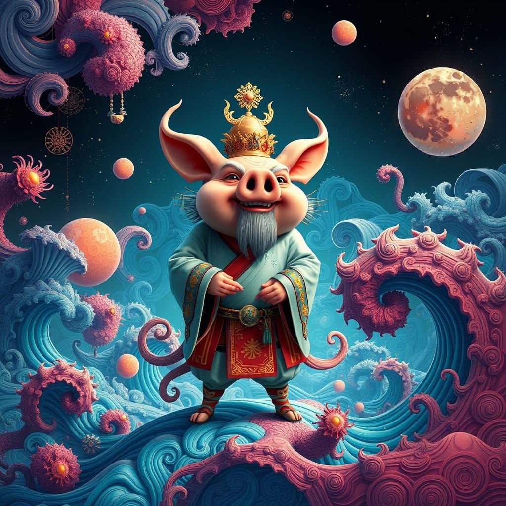 Zhu Bajie in Mystical Realm: Abstract Vector Art