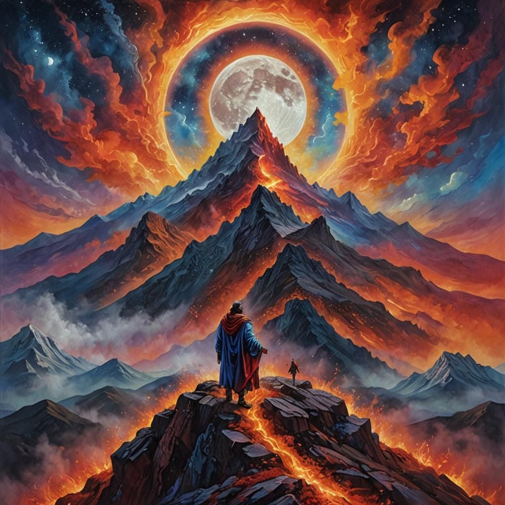 Prophet on Mountain Under Full Moon in Oil Painting