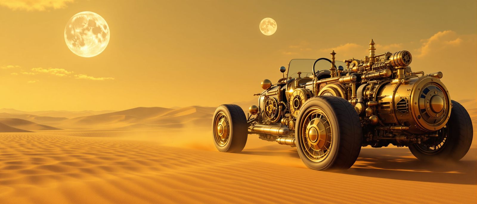 Steampunk Brass Car Races Through Golden Desert Under Two Mo...
