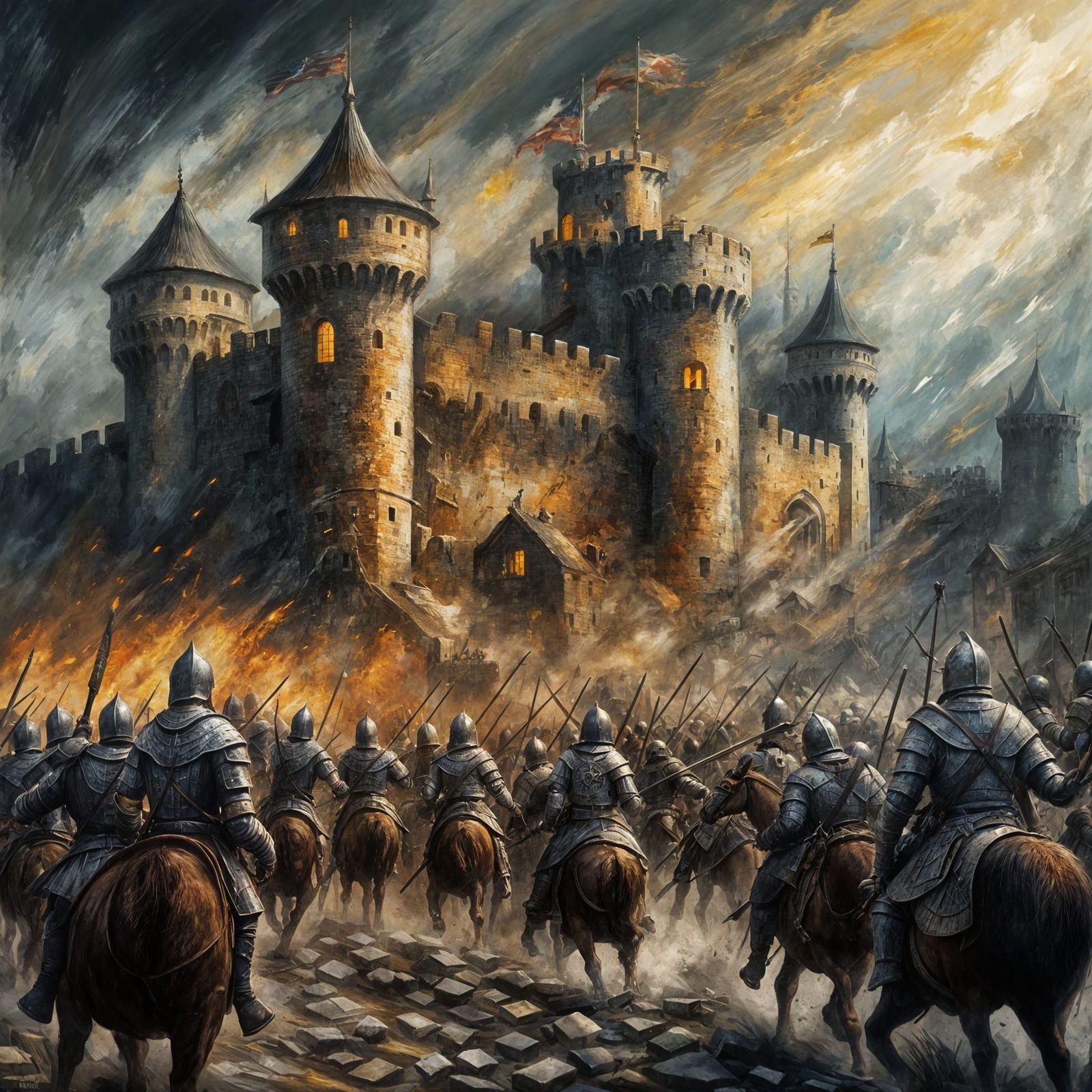 Medieval Army Castle Attack in Impasto Style