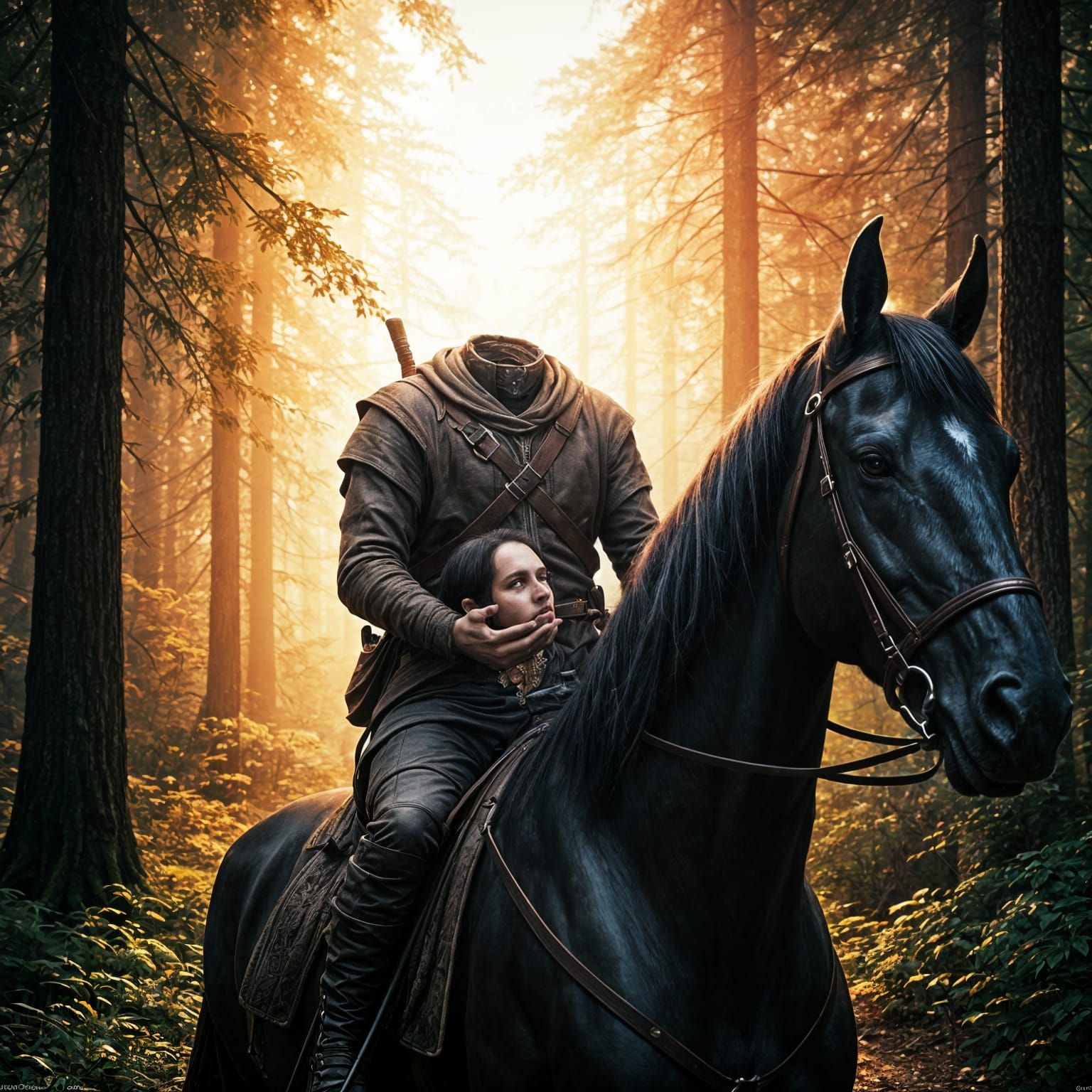 Headless Horseman Forest Scene in Art Nouveau Style