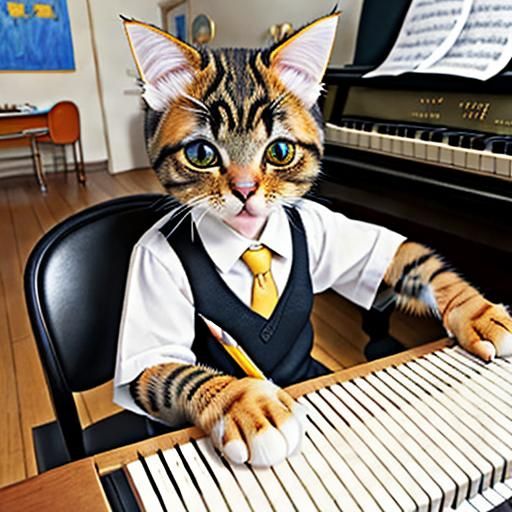 Cat Composer at Piano with Art Supplies