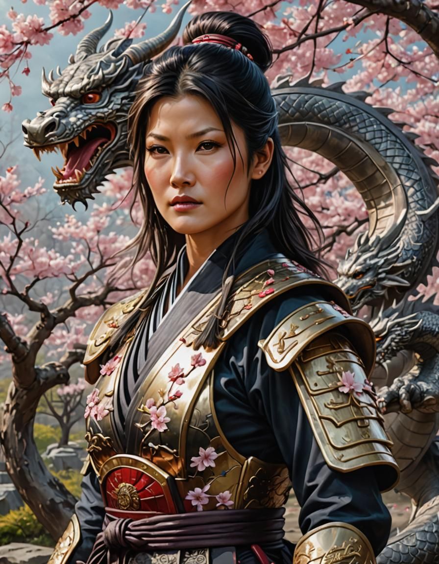 Female Samurai Warrior with Dragon, Hyperrealistic Splash Ar...