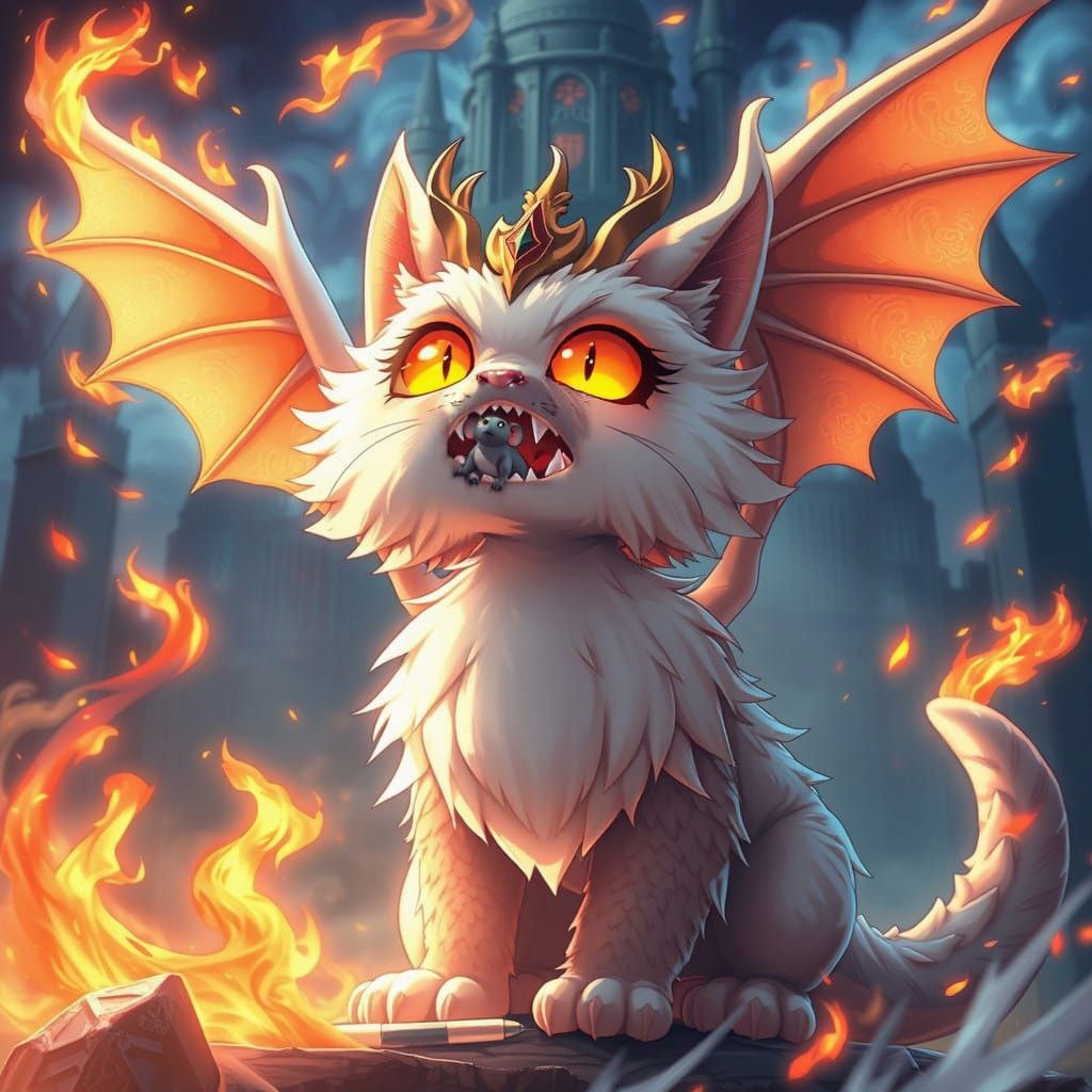 Majestic Dragon Cat in Anime Style with Castle and Fire