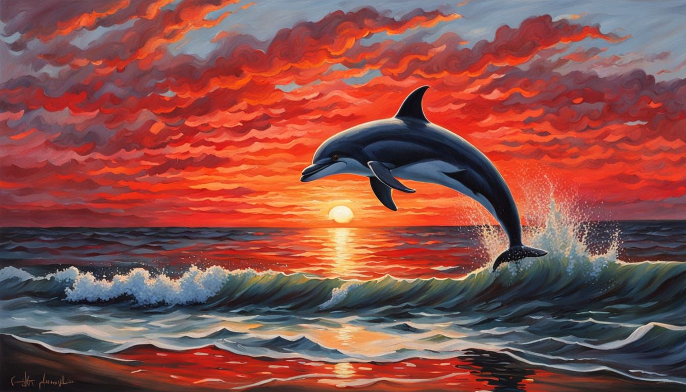 Vibrant Red Sunset Over Tranquil Sea, Oil Painting