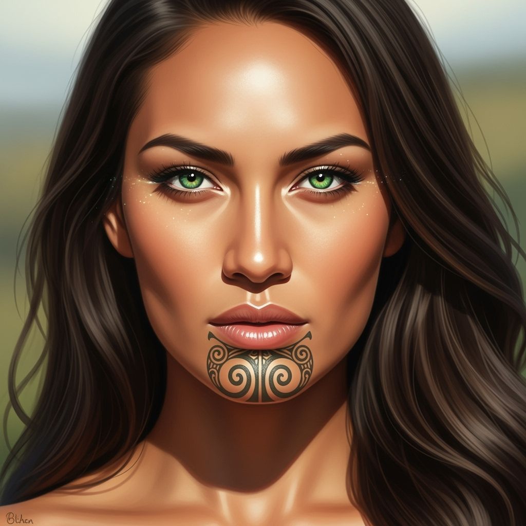 Maori Woman Portrait with Traditional Koru Tattoo