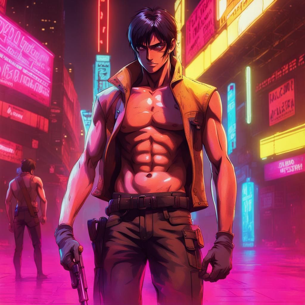 Cyberpunk Eren Yeager in Neon Cityscape