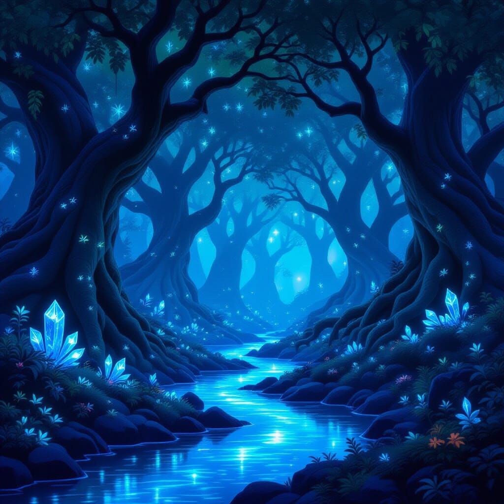 Bioluminescent Forest at Twilight with Ancient Archways