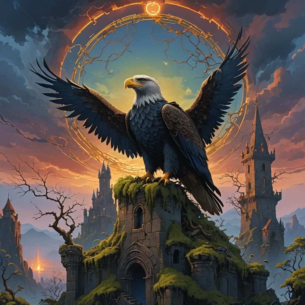 Eagle Perched Atop Ruined Fantasy Castle
