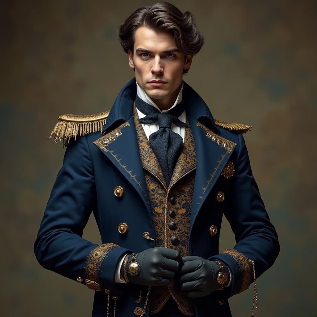 Elegant Victorian Gentleman in Dark Blue Steampunk Coat