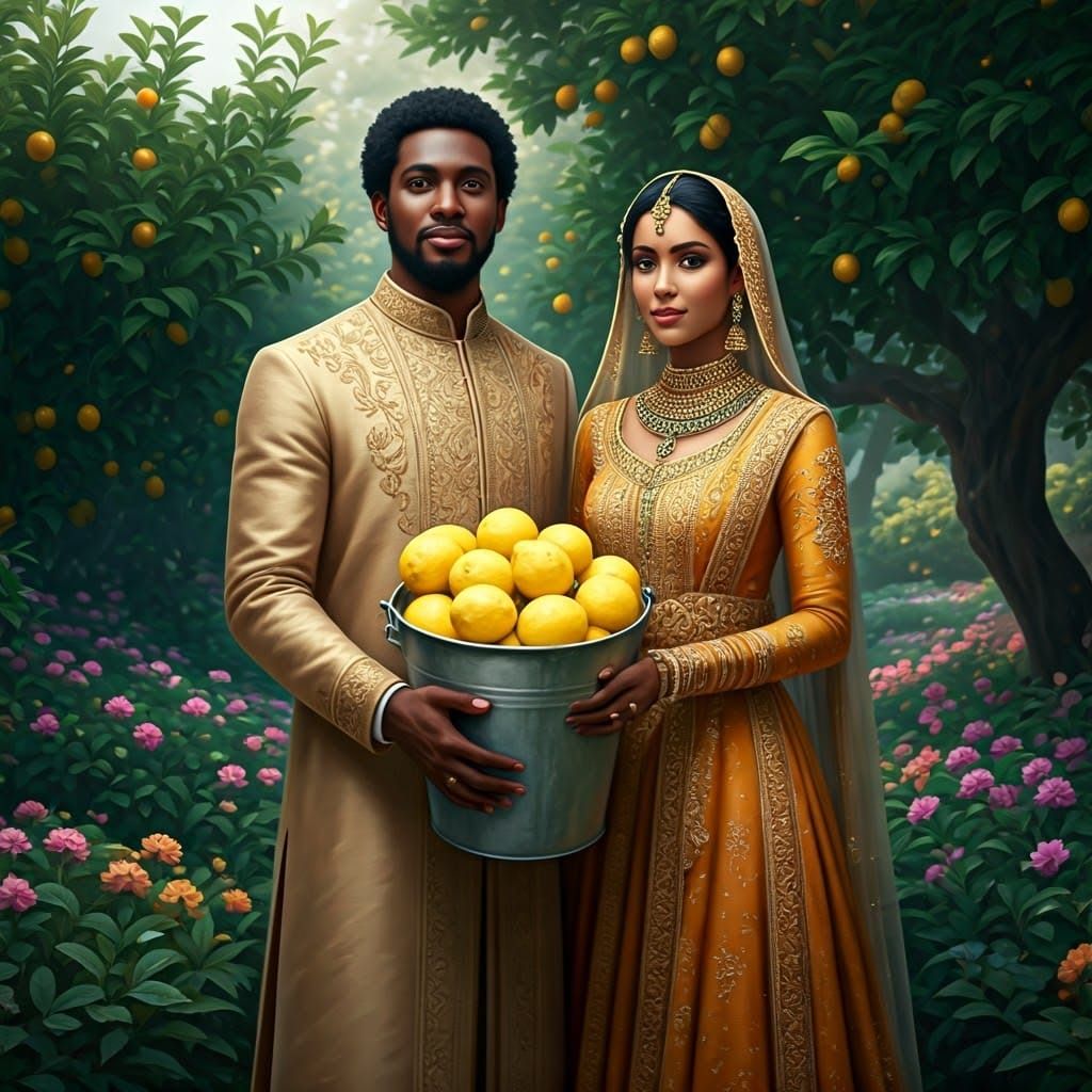 Inter-Racial Couple in a Vibrant Garden with Lemons
